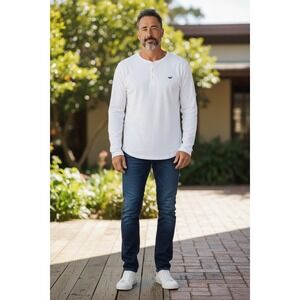 Hollister Mens Long Sleeve White Henley Shirt Seagull Logo Size L